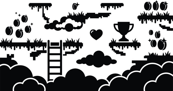 Black and white platformer level with ladder trophy heart coins and clouds vector art