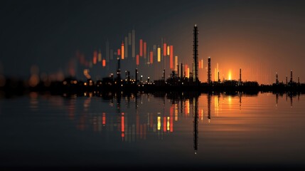 Naklejka premium Industrial Skyline with Reflection at Sunset Over Calm Water