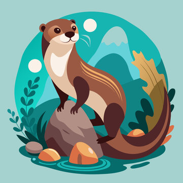Cute Otter Resting on a Rock Near Water