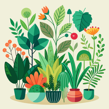 Lush Array of Potted Plants and Greenery Illustration