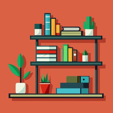 Modern Bookshelf With Books And Plants