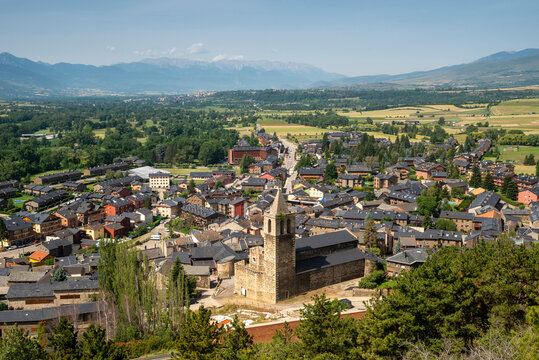 Aerial townscape with a local church,  Llivia, Cerdanya, Girona, Catalonia, Spain