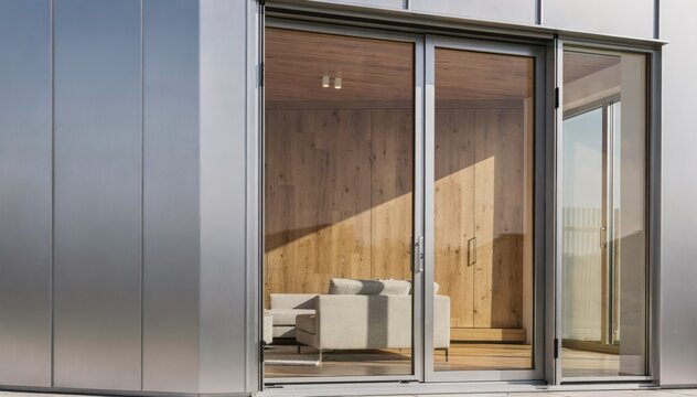 Elegant silver metal cladding frames natural wood interiors in medium shot highlighting both modern design and energyefficient window technology.