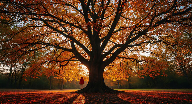 A lone person in a red jacket stands beneath a majestic, sprawling oak tree bathed in the warm glow of autumn sunset light, fallen leaves carpet the ground creating a magical