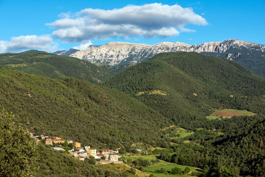Aerial view of Aransa village in the Prat de Cadi mountain range, Lerida, Catalonia, Spain