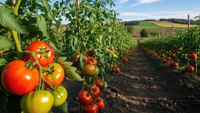 Ripe tomato rows on a sunny farm field. Tomatoes ready for harvest, sustainable agriculture concept.