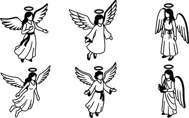 Fototapeta premium Black and white vector line art six angels with halos in varied poses