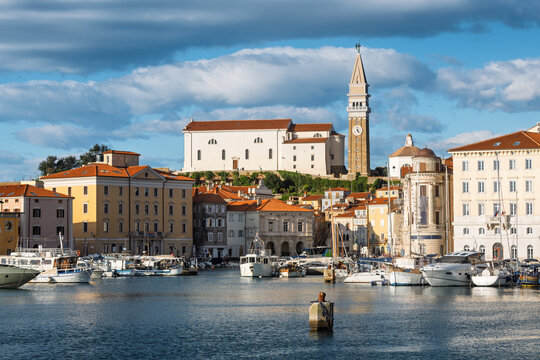 The port and the Bell tower in the historic Old town of Piran, Slovenia