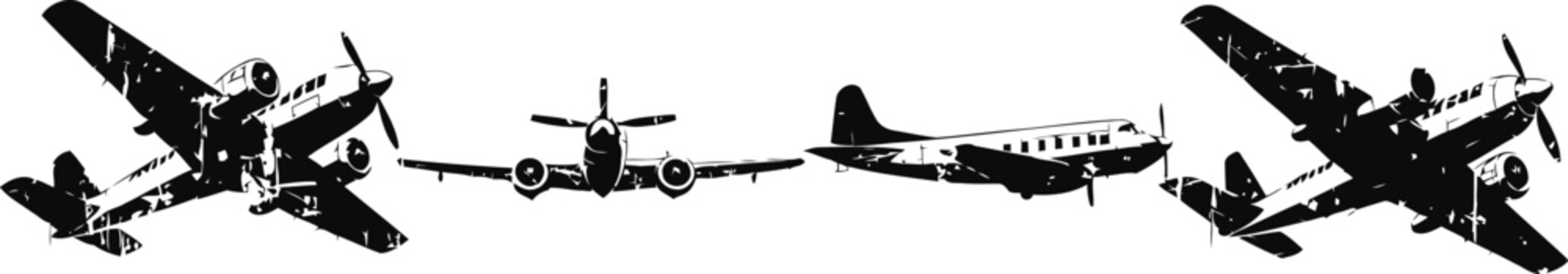 vintage military airplanes in silhouette with various wwii bomber designs in black and white