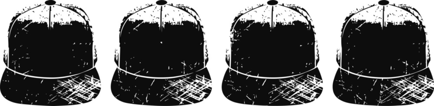 Set of four black and white baseball caps with a flat bill in a row, casual headwear collection