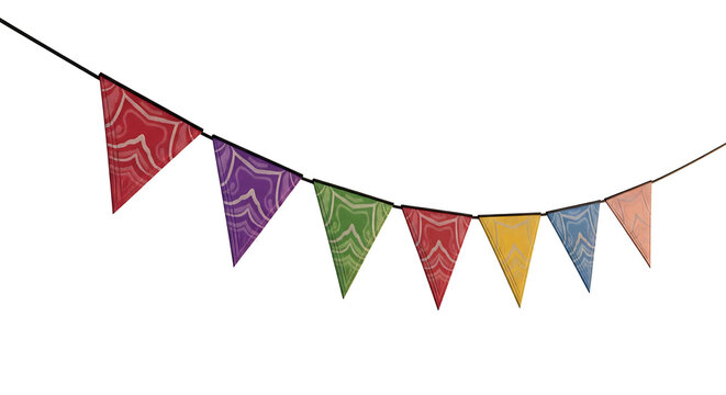 A string of colorful triangular bunting flags with intricate patterns, strung on a dark cord against a white background, festive decoration elements