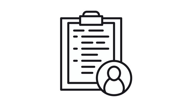 Black line vector icon illustration of a clipboard with a person profile symbol, representing a resume, medical record, patient file, or employee data, isolated on a white background.