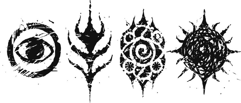 Abstract tribal symbols in black ink with circular and sun like shapes, decorative ethnic design elements