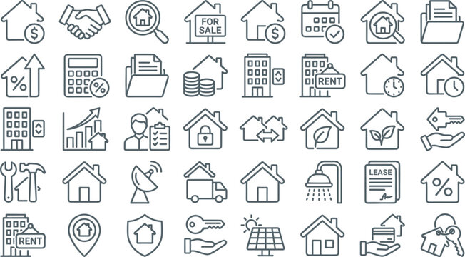 Real Estate and Property Management Icon Set with House, Rent, Sale, Mortgage, Investment, Contracts, and Home Services Outline Vector Collection