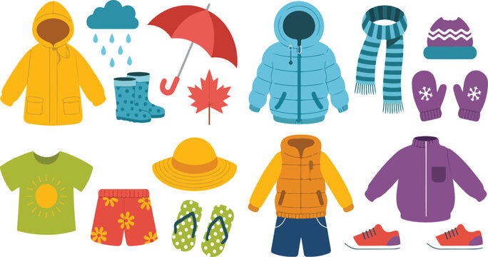 Children&rsquo;s seasonal clothes set with winter, spring, summer and autumn outfits, kids apparel collection vector illustration