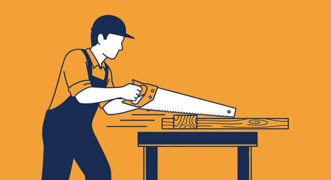 Carpenter sawing wood on a table with a handsaw.