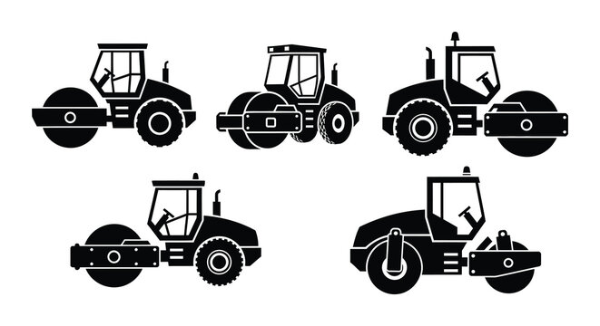 Four black silhouette icons depicting various road rollers and construction vehicles