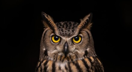 Obraz premium Close up portrait of an owl with intense yellow eyes on black background