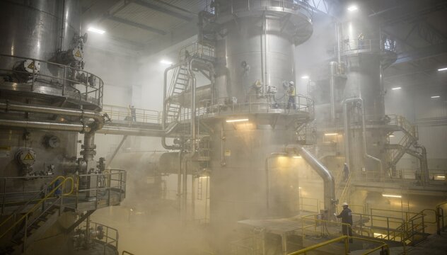 Medium shot inside misty bleaching towers highlighting steam diffusion metal structures and workers navigating through foggy intense processing conditions.