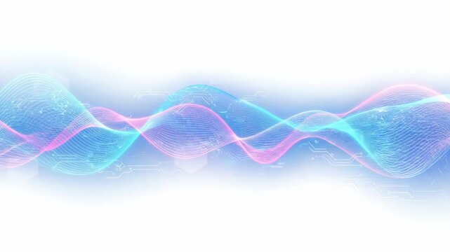 Abstract flowing waves of light and particles in blue and pink.