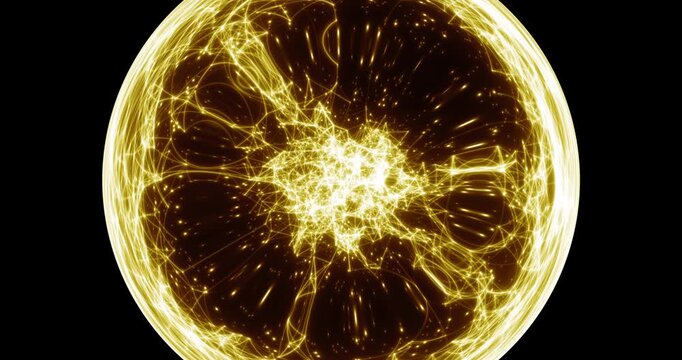 Seamless loop. An abstract luminous sphere demonstrates the dynamic motion of particles moving in a circle. The internal structure of many intertwining lines and dots alternately disintegrates and ref