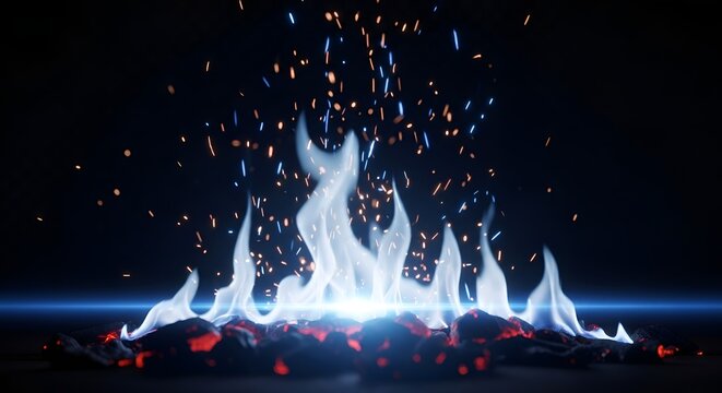 Mystical Blue Fire and Sparks Erupting from Glowing Embers on Dark Background