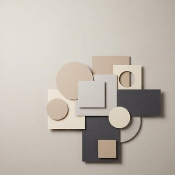 A modern abstract art piece featuring various geometric shapes and neutral colors on a plain background
