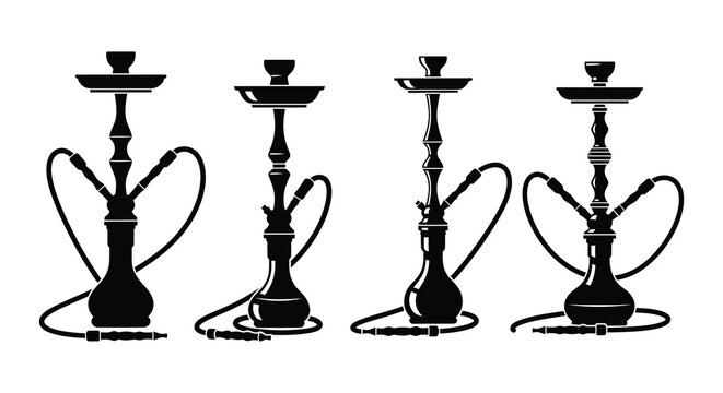 Four decorative hookah silhouettes arranged in a minimalist black and white style