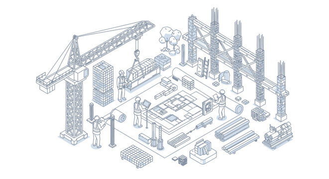 Isometric illustration of a construction site with workers and machinery.