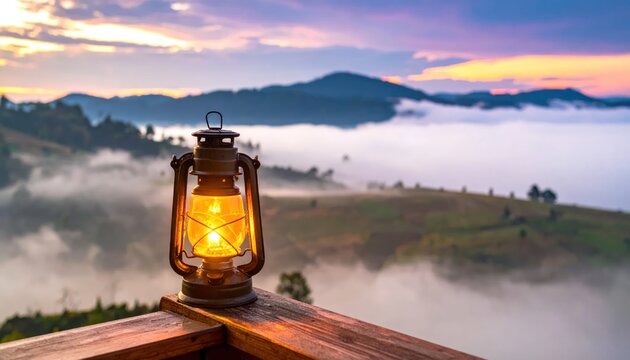 Glowing lantern on a wooden deck overlooking a misty mountain landscape