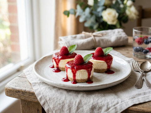 A beautifully presented dessert of cheesecake with raspberry sauce and fresh berries on a plate in a cozy dining setting.