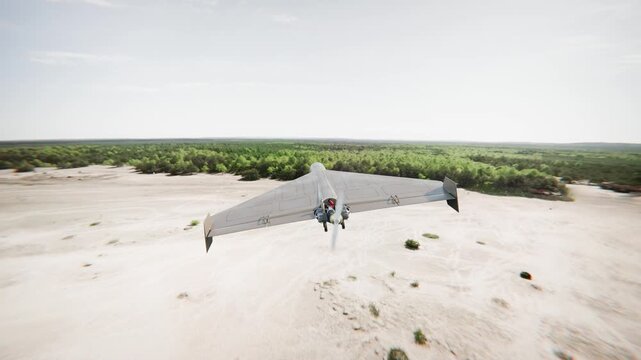 Shahed Drone Flying Over Desert Terrain &ndash; Aerial Follow Shot UAV Above Arid Landscape, Military Unmanned Aircraft, Cinematic 3D Render