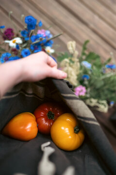 Rural summer solstice harvest with heirloom tomatoes