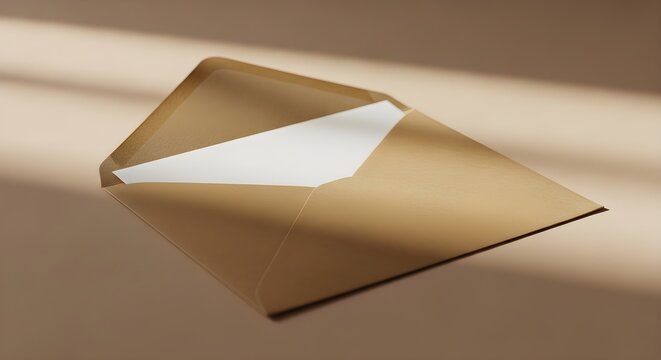 Open brown envelope with a blank white card inside, minimalist stationery mockup on a soft beige background with natural sunlight shadows