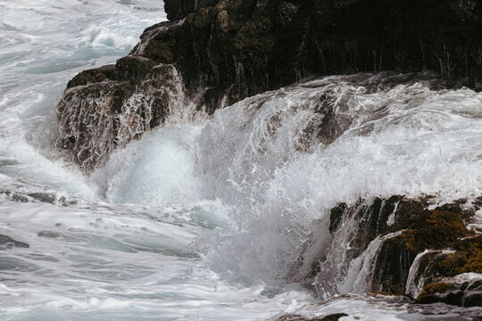 Crashing Atlantic surf on volcanic rocks, La Palma