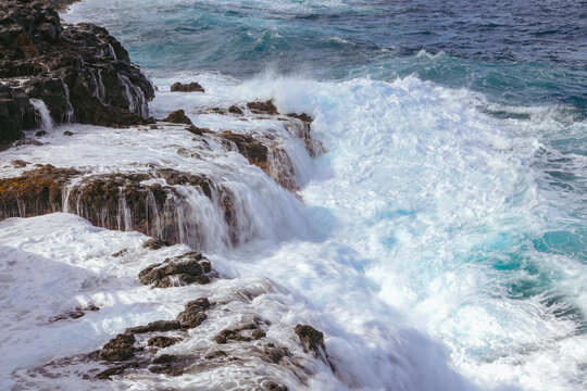 Powerful Atlantic wave crashing on rocky coast of La Palma