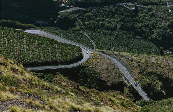 Winding mountain road through green valley on La Palma