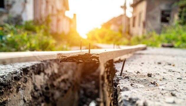 Precarious wooden plank with exposed nails over a cracked concrete ditch