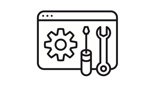 Black vector icon illustration of a web browser window with a gear, screwdriver, and wrench, representing website maintenance, technical support, web development, and system configuration.