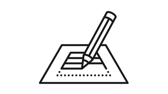Minimalist black vector icon illustration of a pencil writing on a document or form, symbolizing editing, signing, or filling out paperwork, isolated on white for clean design projects.