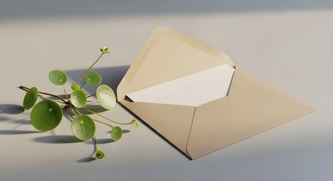 Open kraft paper envelope with a blank white card inside next to a small green pilea plant on a neutral surface