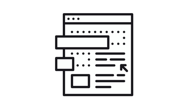Minimalist black vector icon of a webpage layout featuring a browser window with text lines, image placeholders, and a cursor arrow, ideal for web design, UI development, and digital content.