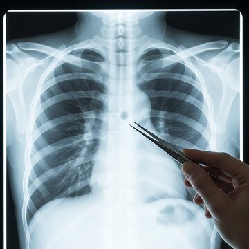 Medical professional hand holding tweezers pointing at a human chest X ray for diagnostic purposes