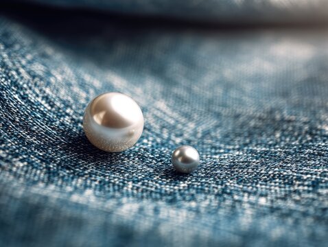 Two Pearls of Different Sizes Resting on a Textured Fabric Surface.