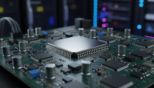 Microprocessor on a green printed circuit board in a blurred server environment