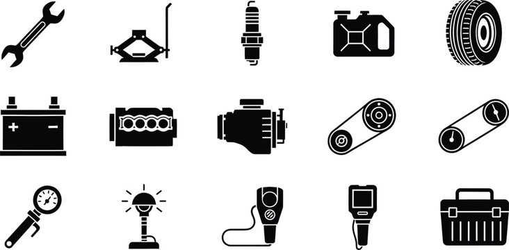 Collection of black and white icons representing various car repair and maintenance tools and parts