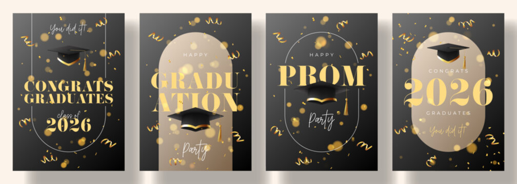 Collection of Posters for Graduation Ceremony. Vector flyers with realistic graduation caps, golden confetti and serpentine. Posters for graduation of college, school, university or degree ceremony.