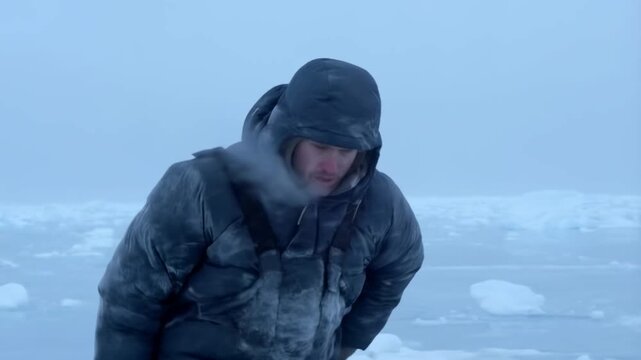 Tracking shot of man pulling laden sled across icy sea floe through fog and blowing snow on polar ice