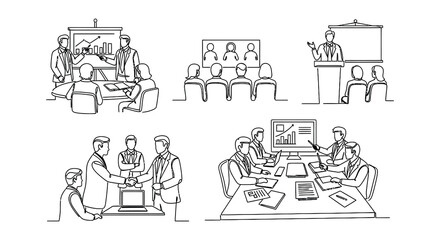 Obraz premium Line art illustration depicting various business meeting and presentation scenarios