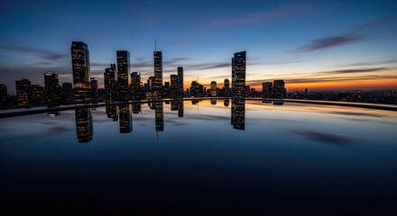 Naklejka premium Cityscape at dusk modern skyscrapers reflected in calm water